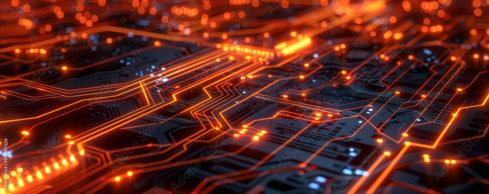 Fototapete Abstract 3D rendering of digital circuit board with glowing lines and bokeh lights, showcasing futuristic technology