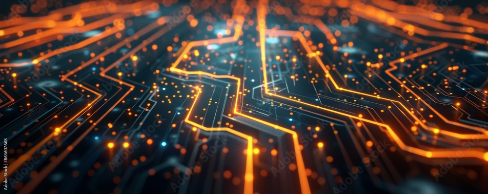 Poster Futuristic technology concept with 3D rendering of digital circuit board, glowing lines, and bokeh lights