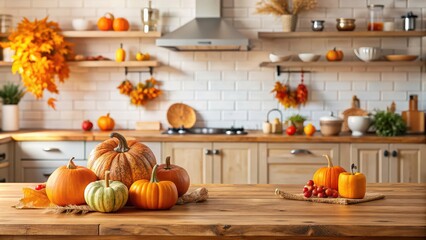 Wood table with copy space in autumn kitchen with pumpkin decorations, wood, table, copy space, autumn, kitchen, pumpkin
