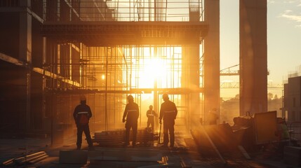 Golden Hour Silhouetted Workers at Construction Site Under Setting Sun