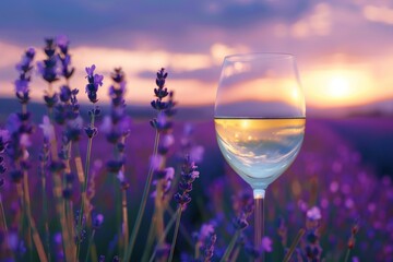 Beautiful image of a wine glass in a lavender field during sunset, capturing the serene and picturesque ambiance of the countryside.