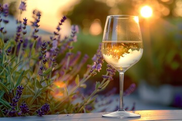 Wine Glass Reflecting Sunset in a Lavender Garden