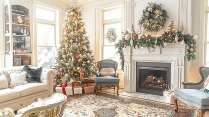 Cozy Christmas Living Room with Decorated Fireplace