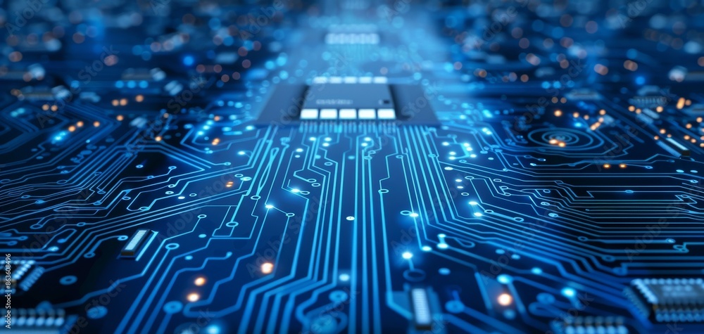 Poster A computer chip is shown in a blue and orange color scheme