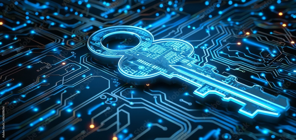 Poster a key is shown on a circuit board with a blue background