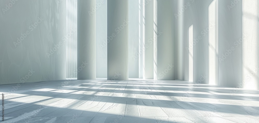 Poster sunlight casting shadows of vertical lines on an abstract white wall, ideal for modern interior back