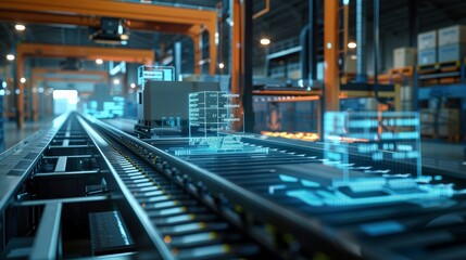 Fototapeta premium Technological Marvel Closeup of Automated Parcel Scanner Revealing Intricate Machinery and Futuristic Data Visualization