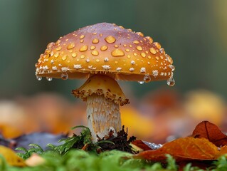 A tiny mushroom emerges from the forest floor, its cap covered in glistening raindrops