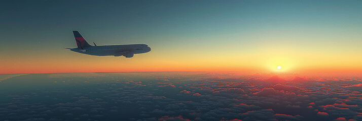Airplane Flying at Sunset A Journey Above the Clouds