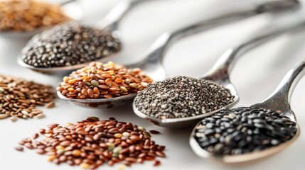 Fototapeta premium Assortment of seeds in spoon on white surface Close up