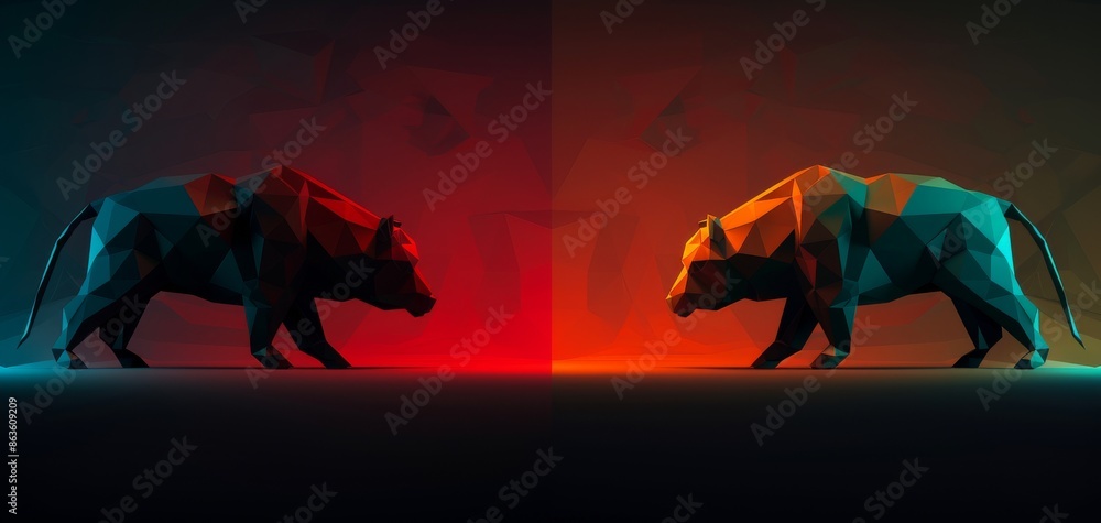 Poster two bears are facing each other in a red and blue background