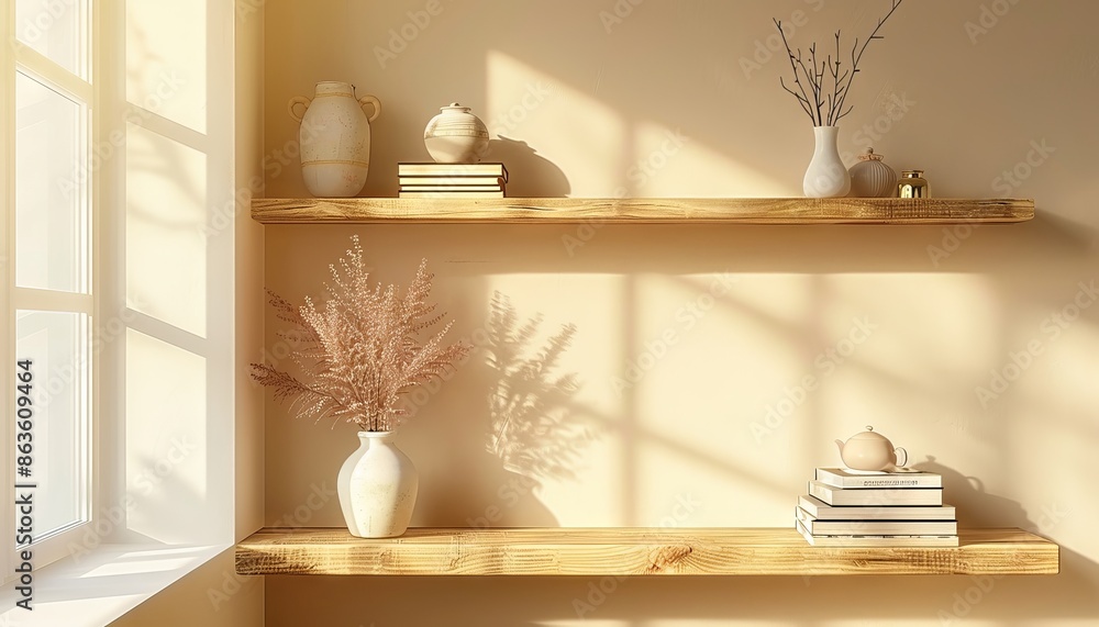 Poster a shelf with a vase and books on it