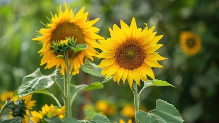 Vivid yellow sunflowers bloom in garden
