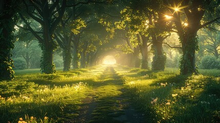 Sunset in the park with a path leading to the sun natural background