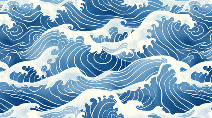 seamless pattern of ocean waves in the style of traditional Japanese art, vector illustration, hand drawn, flat design, blue and white colors, high resolution, highly detailed, high definition