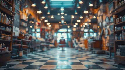 Barbershop interior in a city, with blurred background.