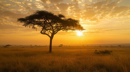 Fototapeta premium The beautiful African savanna welcomes a new day as the sun rises over the horizon. An acacia tree stands tall against the golden sky, its branches reaching towards the heavens.