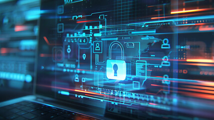 Fototapeta premium Interface on a laptop screen showing an easy-to-understand data encryption process, with a padlock icon and security checkmarks. Generative AI illustration 