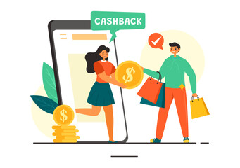 Cashback Vector Illustration with Financial Payment to Money Cashback Service for a Buyer in a Flat Cartoon Style Background