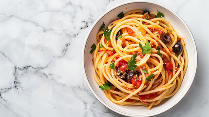 A bowl of pasta puttanesca, on a marble background, high key lighting, pinch of yum, minimal food styling. Generative AI illustration 