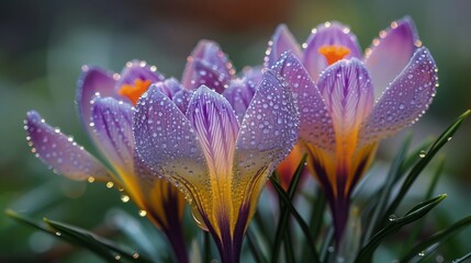 Obraz premium Dew-covered crocus flowers glisten in the early morning light, each petal adorned with tiny droplets of water. The vibrant purple and yellow hues of the flowers are magnified by th