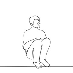 man sits alone on the floor, leaning his back against the wall, his legs bent at the knees - one line vector art. concept loneliness, shy, outcast, sad