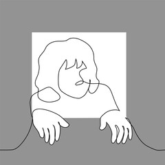 woman sticks her head out holding the edges of a small window, she wants to see and get through the window - one line vector art. prying, metaphor for small space or claustrophobia