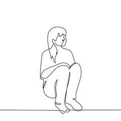 woman sits alone on the floor, leaning her back against the wall, her legs bent at the knees - one line vector art. concept loneliness, shy, outcast, sad