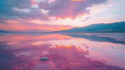 Fototapeta premium Pink hued salt lake during sunset