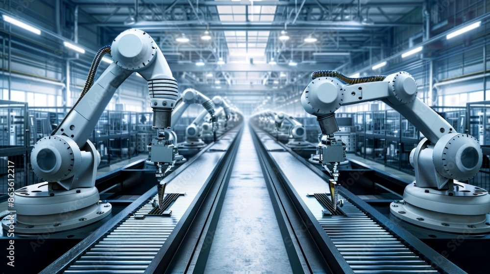 Poster automated robotic assembly line in modern factory. generative ai