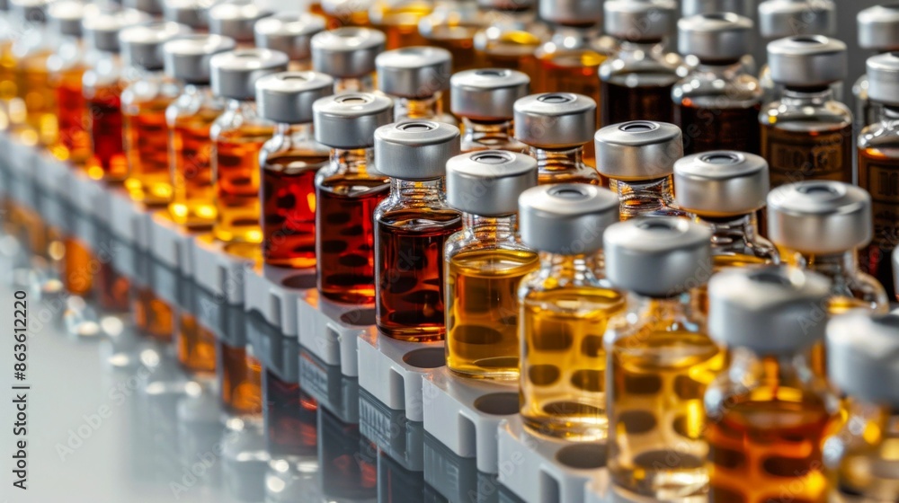 Poster rows of vials with colorful liquid in laboratory. generative ai