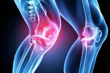 X-ray illustration of a human knee joint with highlighted pain area, indicating injury or arthritis. Ideal for medical and healthcare concepts.