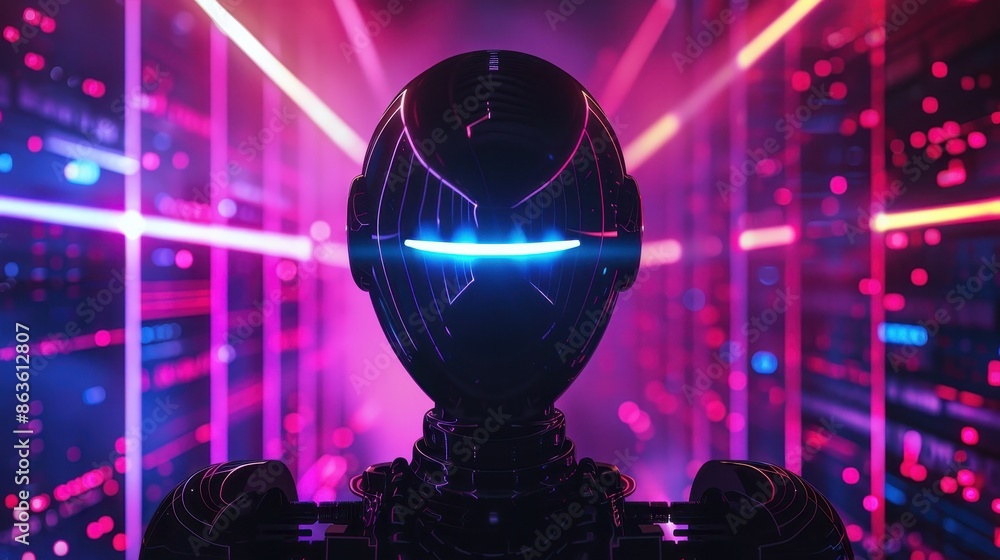 Poster a robot in a futuristic setting with vibrant lights