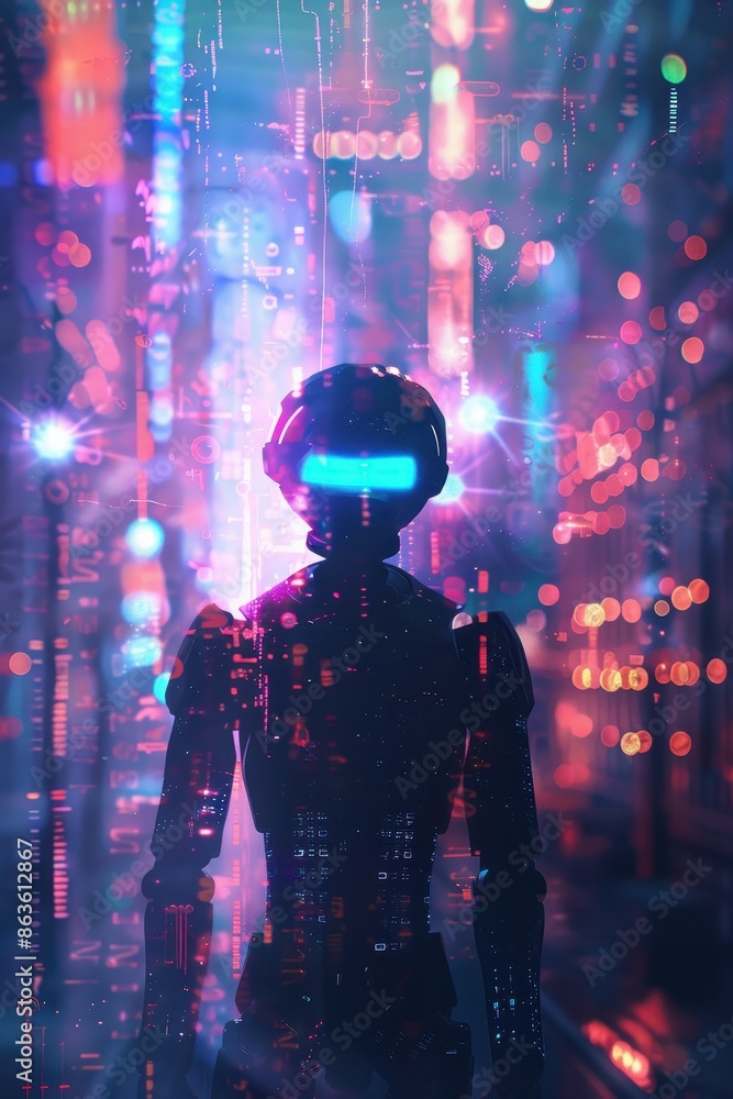 Poster a robot in a futuristic setting with vibrant lights