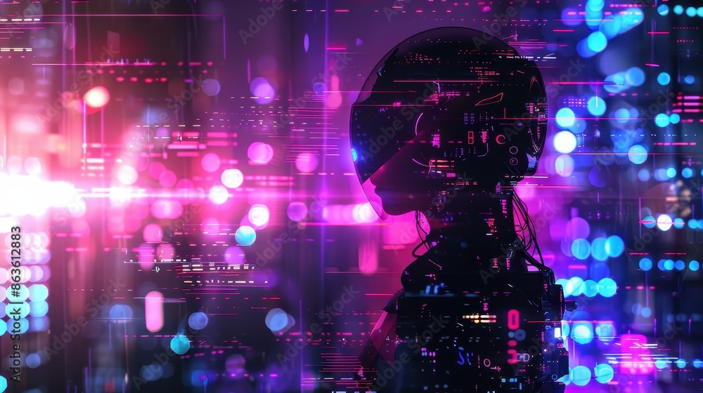 Poster a robot in a futuristic setting with vibrant lights