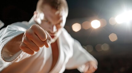 Judo athlete performing a defensive move