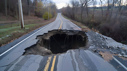 Massive sinkhole engulfs road section, leaving cars stranded on edges, with caution signs posted.