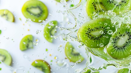 Sliced kiwi fruit splashing into clear water with bubbles on white background, captured in a dynamic and refreshing composition.