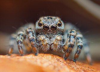 Detailed photo of a jumping spider on orange surface, showing camouflage and sharp features