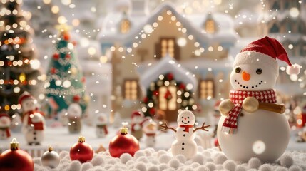 Snowman being built by a family with a decorated Christmas house