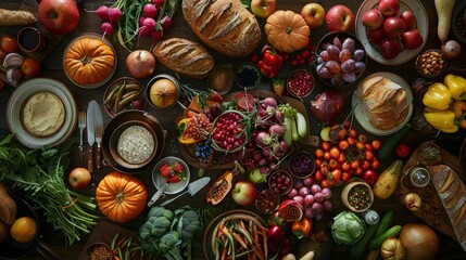 Abundance on Display Vibrant Harvest Table with Fresh Organic Produce and Artisan Bread TopDown Perspective Highlighting Natural Ingredients and FarmtoTable Elegance