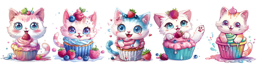 Fototapeta premium cute Cat with Ice cream set, png, generated ai