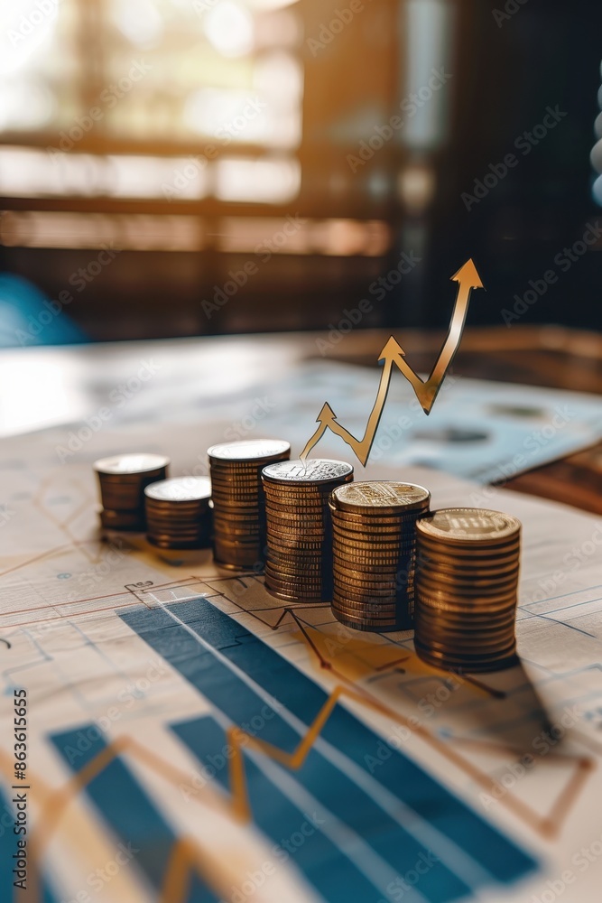 Poster stack of coins with graph chart growth up