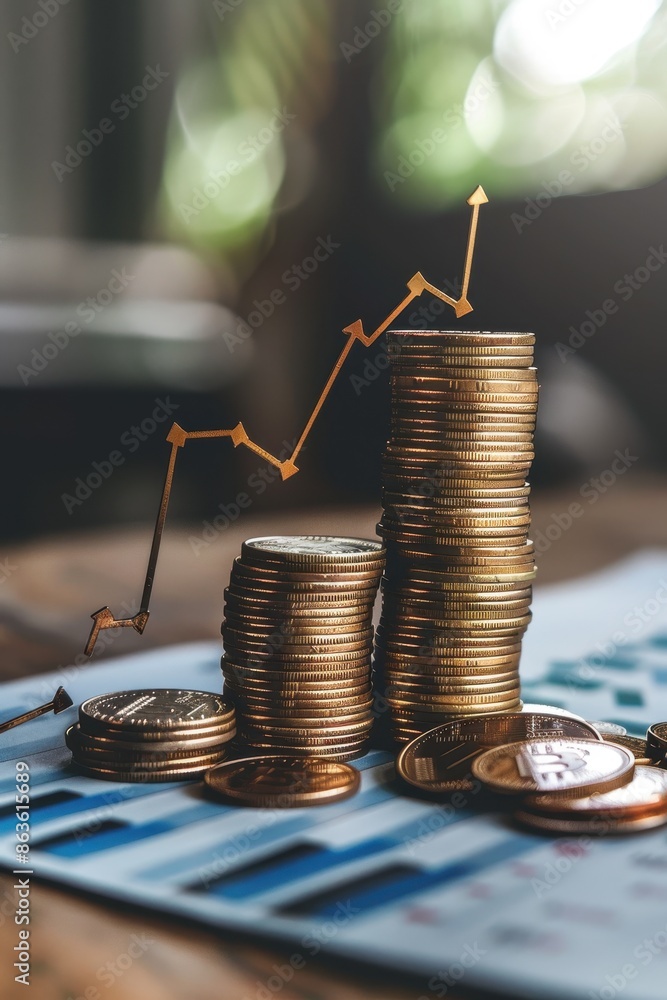 Poster stack of coins with graph chart growth up