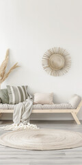 Modern boho interiors in neutral color with minimal furniture decor, copy space and natural lighting. Residential contemporary space for Real Estate advertising.