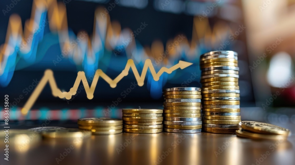 Poster stack of coins with graph chart growth up