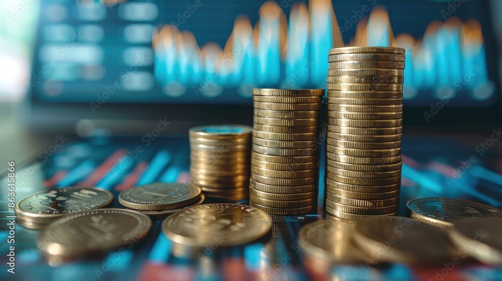 Poster stack of coins with graph chart growth up