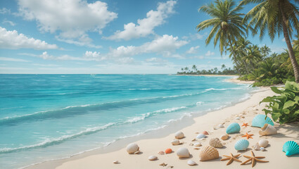 It's a sunny beach scene with palm trees