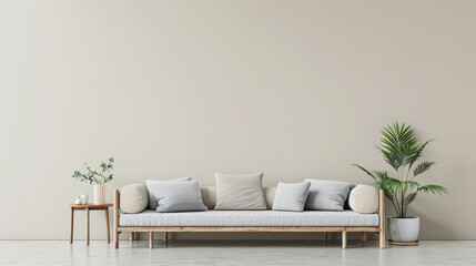 Modern boho interiors in neutral color with minimal furniture decor, copy space and natural lighting. Residential contemporary space for Real Estate advertising.