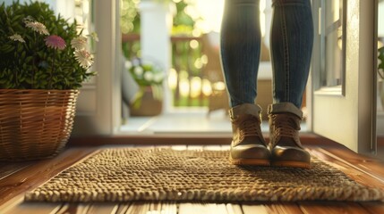 Open Door to Love Couple's Feet by Welcome Mat in Cozy Home Entryway